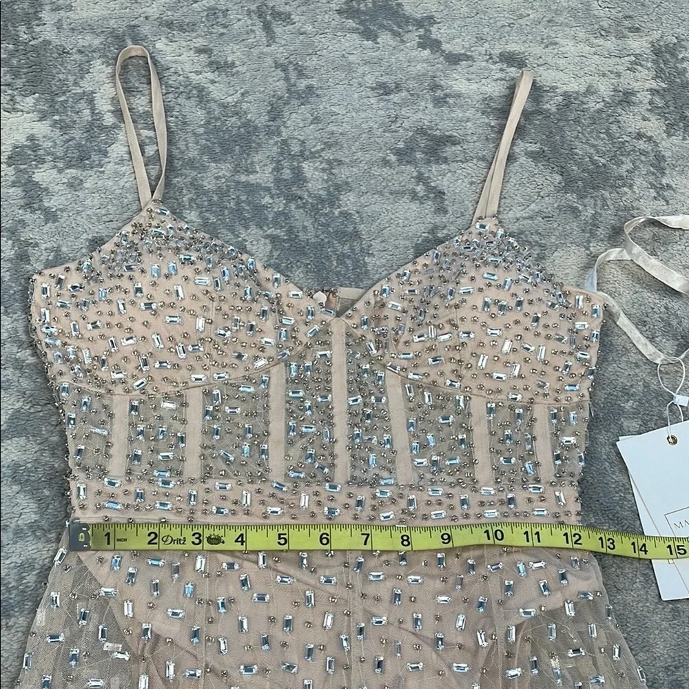 NWT Mac Duggal Sheer Nude Beaded Corset Bodysuit Jumpsuit Wide Leg Sample Sz 2